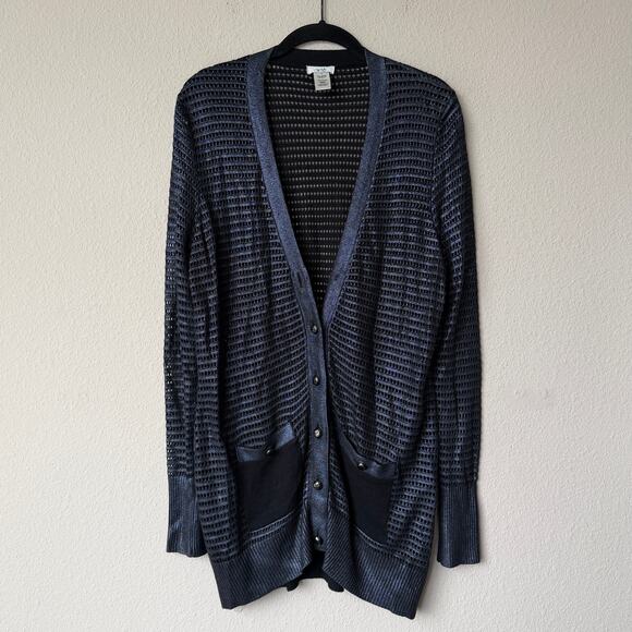 Cache Vintage Y2K Metallic Navy Open Knit Button Front Cardigan Size XL - Picture 2 of 7